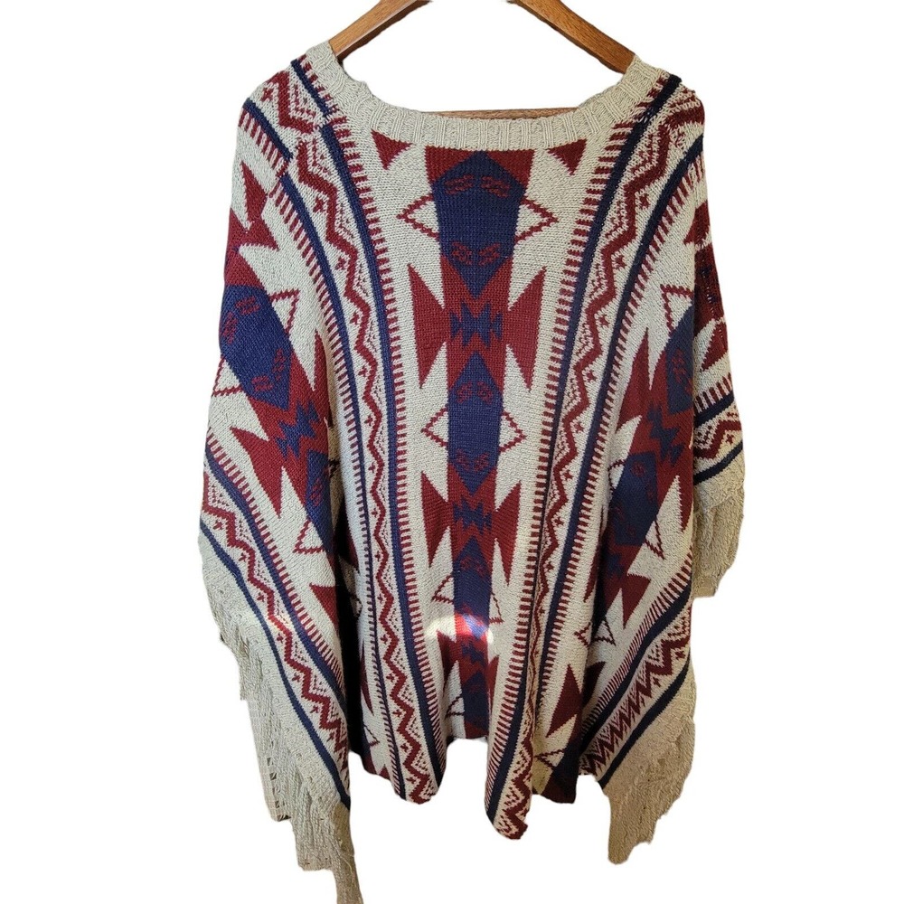 Aztec Fringed Southwest Poncho Sweater Plus Size OS Yellowstone Santa Fe‎ Boho